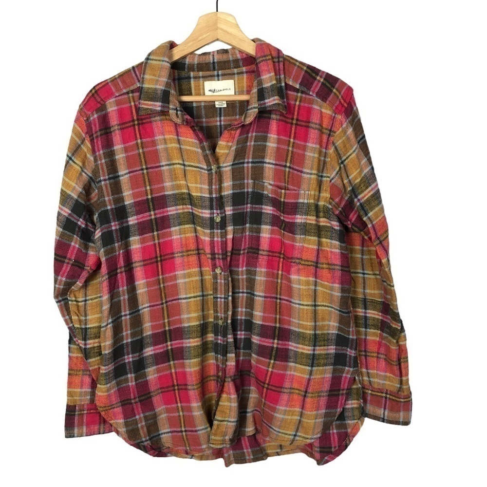 American Eagle‎ AEO Boyfriend Fit Beige & Pink Plaid Long Sleeve Flannel S